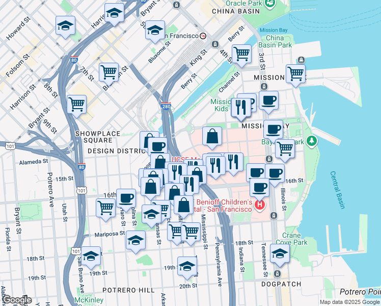 map of restaurants, bars, coffee shops, grocery stores, and more near 1500 Owens Street in San Francisco