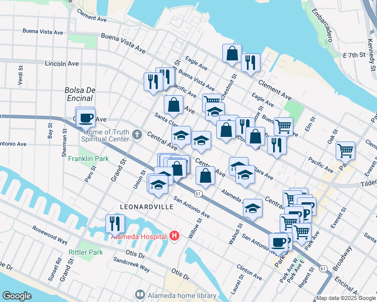 map of restaurants, bars, coffee shops, grocery stores, and more near 1912 Central Avenue in Alameda