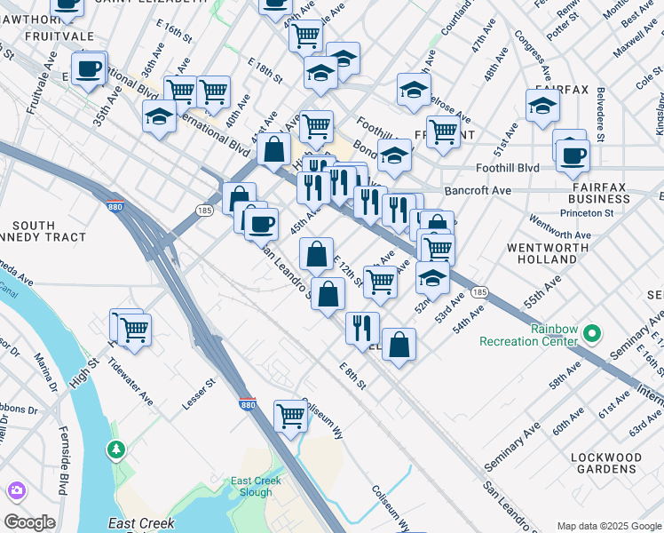 map of restaurants, bars, coffee shops, grocery stores, and more near 1066 47th Avenue in Oakland