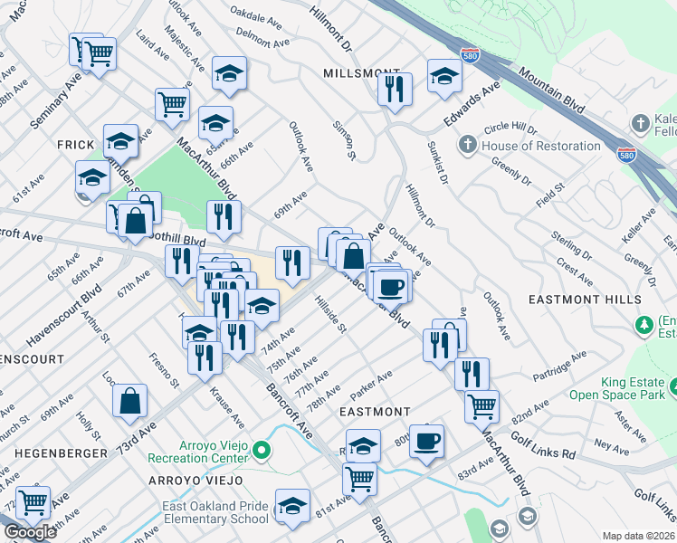 map of restaurants, bars, coffee shops, grocery stores, and more near in Oakland