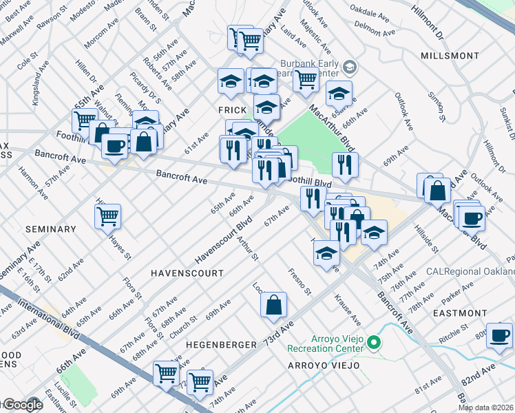 map of restaurants, bars, coffee shops, grocery stores, and more near 2689 67th Avenue in Oakland