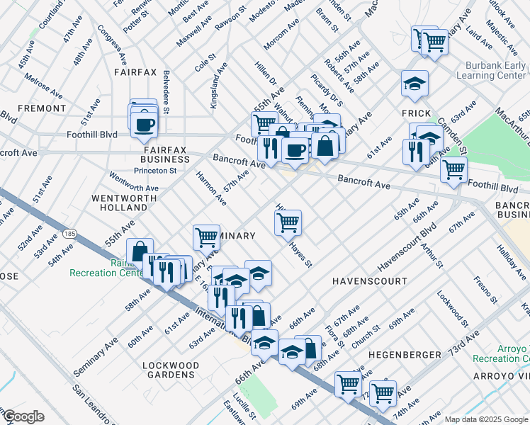 map of restaurants, bars, coffee shops, grocery stores, and more near 5947 Hilton Street in Oakland