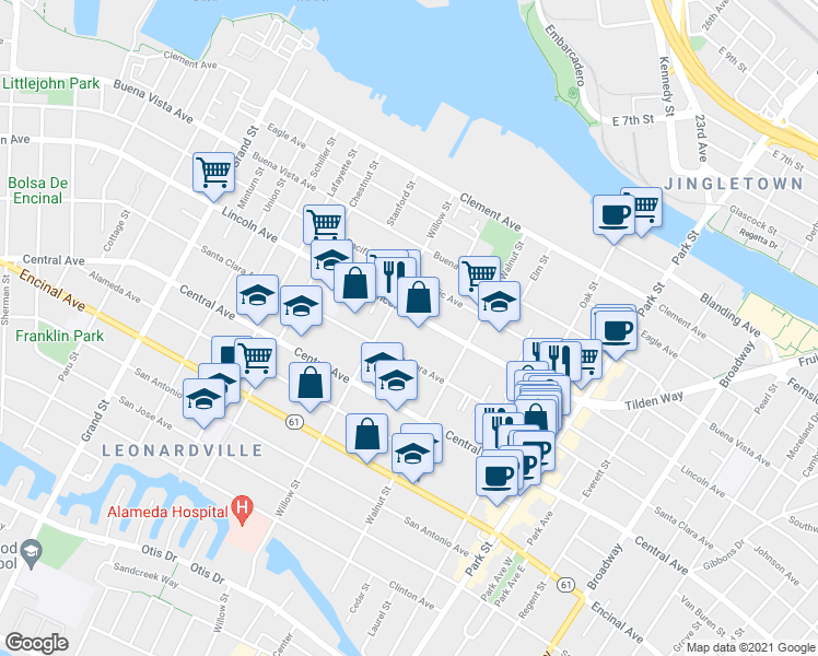map of restaurants, bars, coffee shops, grocery stores, and more near 2136 Lincoln Avenue in Alameda