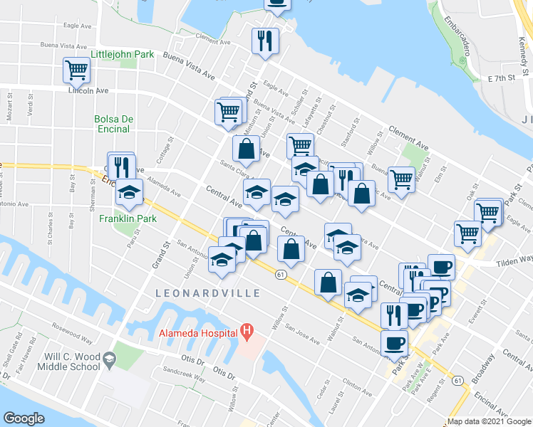 map of restaurants, bars, coffee shops, grocery stores, and more near 1912 Central Avenue in Alameda