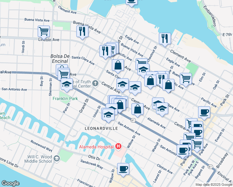 map of restaurants, bars, coffee shops, grocery stores, and more near 1831 Alameda Avenue in Alameda
