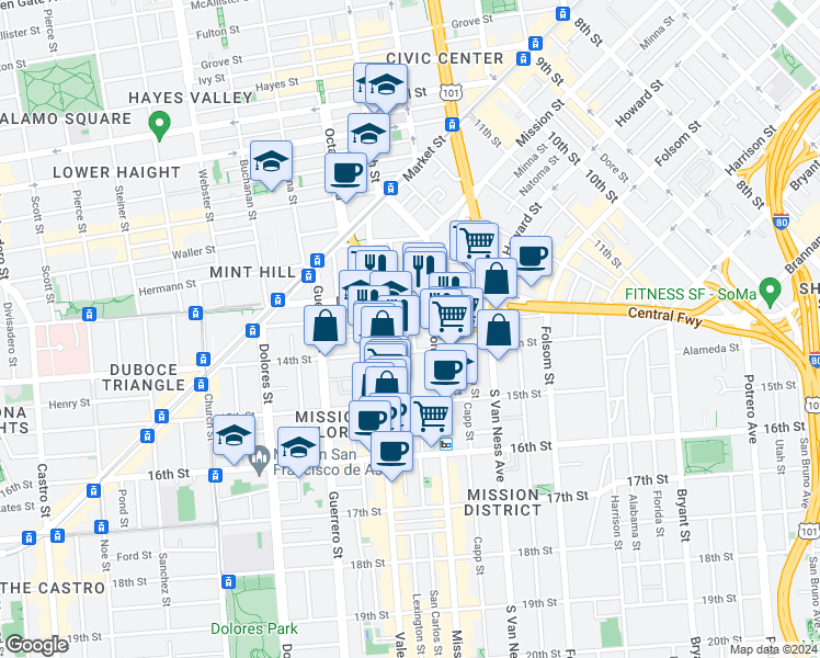 map of restaurants, bars, coffee shops, grocery stores, and more near 344 14th Street in San Francisco