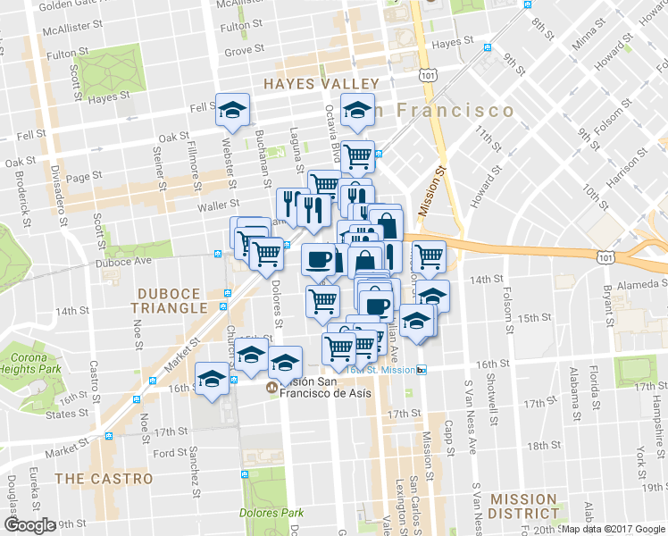 map of restaurants, bars, coffee shops, grocery stores, and more near 85B-B Brosnan Street in San Francisco
