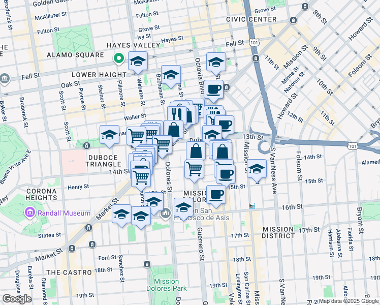 map of restaurants, bars, coffee shops, grocery stores, and more near 51 Rosemont Place in San Francisco