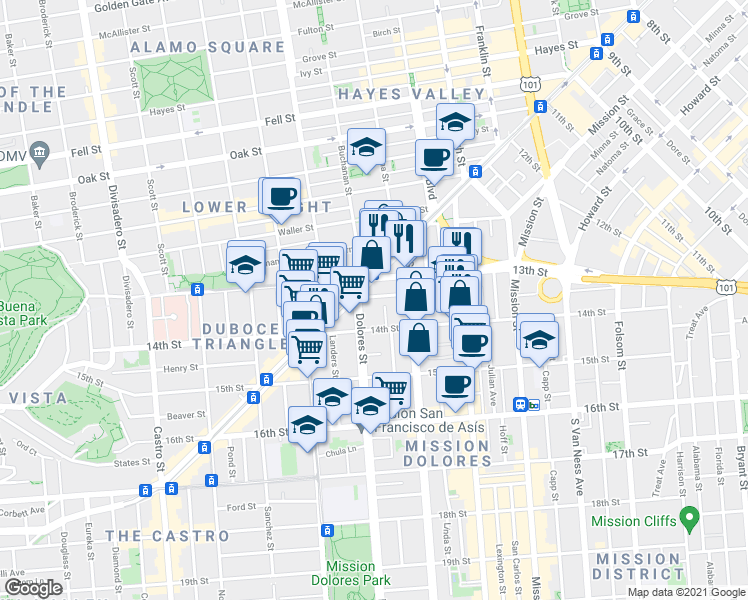 map of restaurants, bars, coffee shops, grocery stores, and more near 51 Rosemont Place in San Francisco