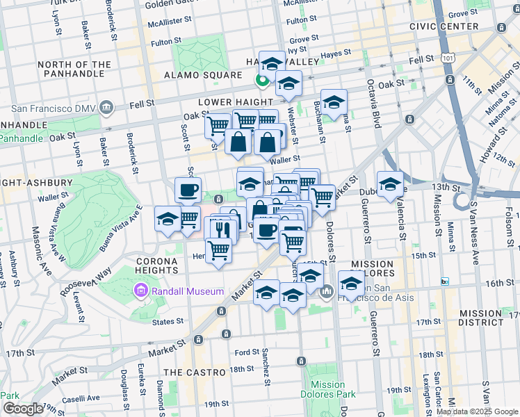 map of restaurants, bars, coffee shops, grocery stores, and more near 44 Sanchez Street in San Francisco