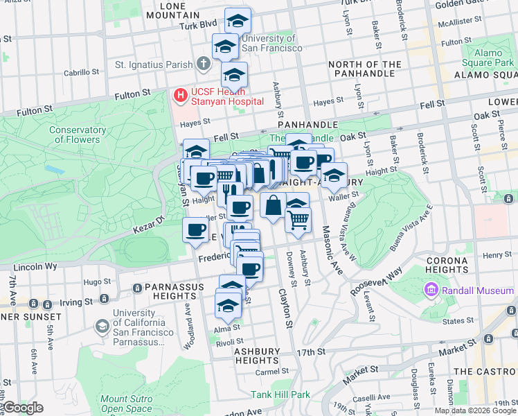 map of restaurants, bars, coffee shops, grocery stores, and more near 100 Belvedere Street in San Francisco