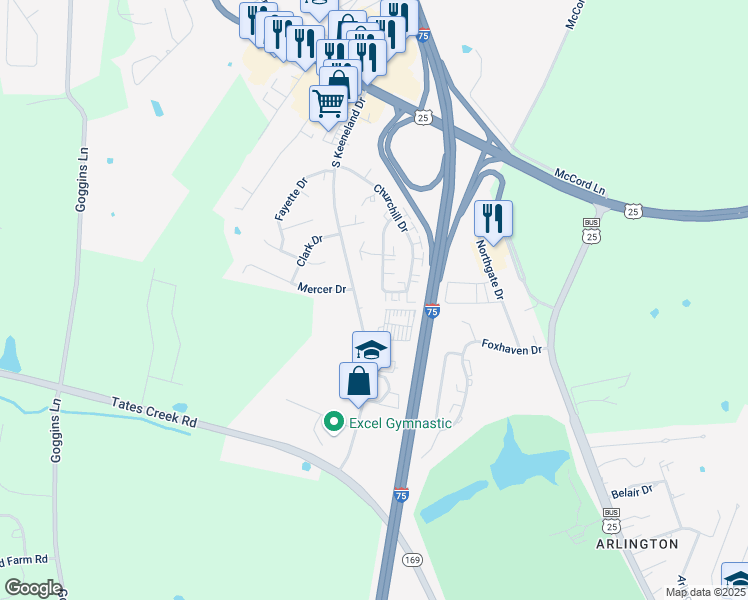 map of restaurants, bars, coffee shops, grocery stores, and more near 501 South Keeneland Drive in Richmond