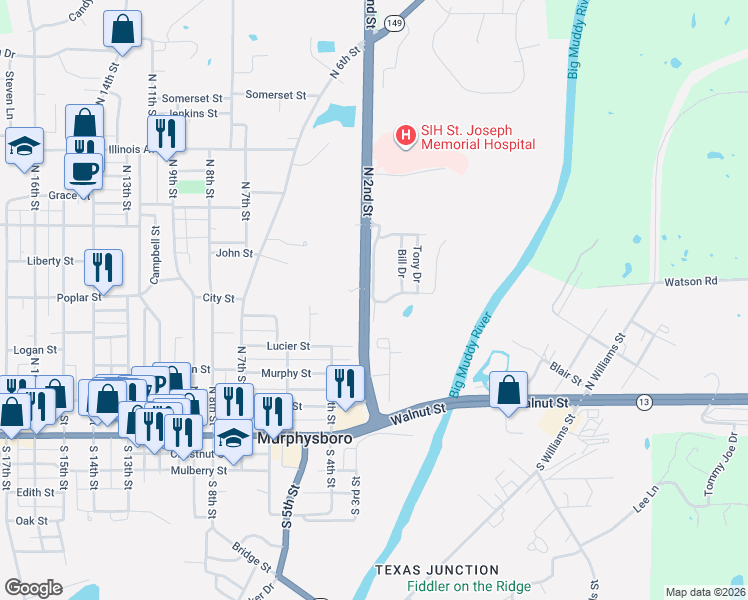 map of restaurants, bars, coffee shops, grocery stores, and more near 536 North 2nd Street in Murphysboro