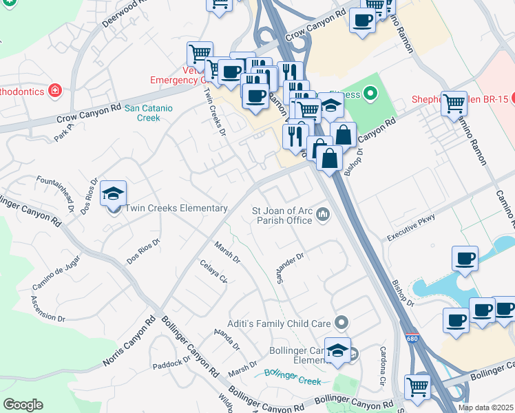 map of restaurants, bars, coffee shops, grocery stores, and more near 113 Laredo Court in San Ramon
