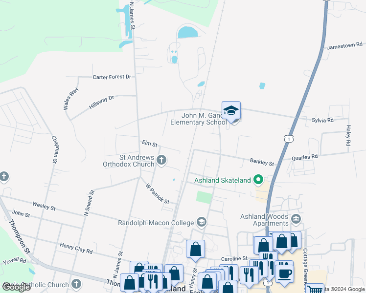 map of restaurants, bars, coffee shops, grocery stores, and more near 102 Elm Street in Ashland