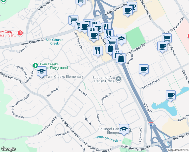 map of restaurants, bars, coffee shops, grocery stores, and more near 113 Laredo Court in San Ramon