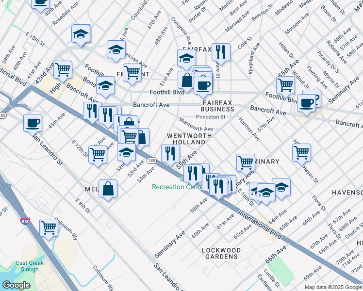 map of restaurants, bars, coffee shops, grocery stores, and more near 5467 Crittenden Street in Oakland