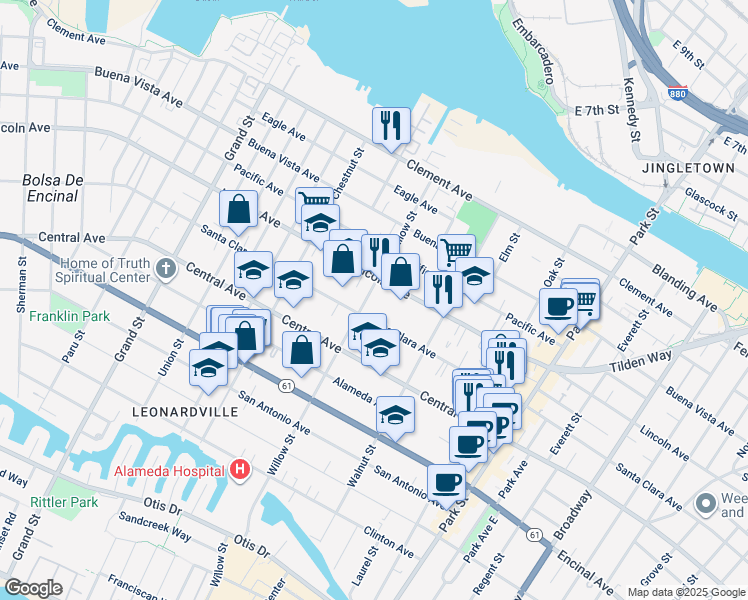 map of restaurants, bars, coffee shops, grocery stores, and more near 1520 Willow Street in Alameda