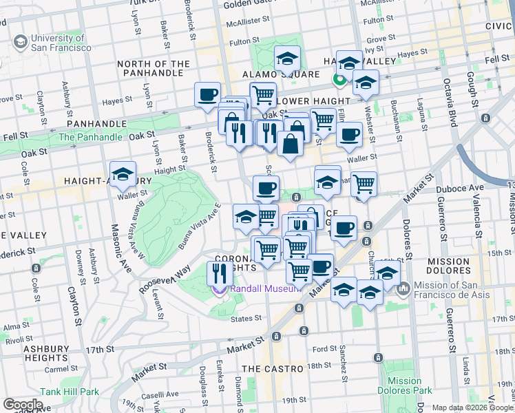 map of restaurants, bars, coffee shops, grocery stores, and more near 2 Castro Street in San Francisco