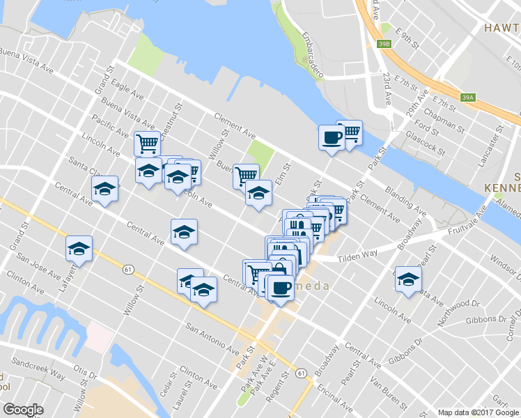 map of restaurants, bars, coffee shops, grocery stores, and more near 2218 Pacific Avenue in Alameda