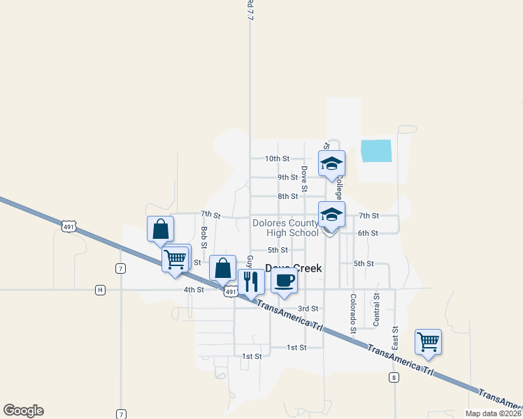 map of restaurants, bars, coffee shops, grocery stores, and more near 238-398 West 7th Street in Dove Creek