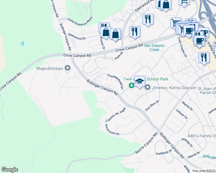 map of restaurants, bars, coffee shops, grocery stores, and more near 2700 Bollinger Canyon Road in San Ramon
