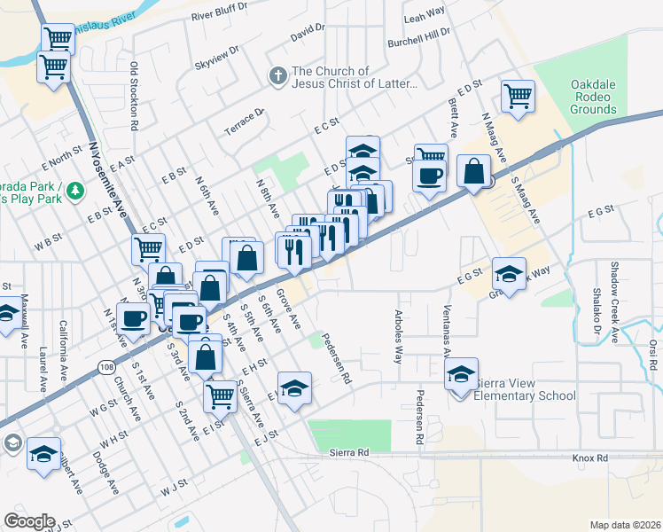 map of restaurants, bars, coffee shops, grocery stores, and more near 1005 East F Street in Oakdale
