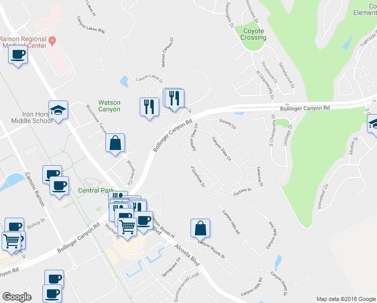 map of restaurants, bars, coffee shops, grocery stores, and more near 235 Copper Ridge Road in San Ramon