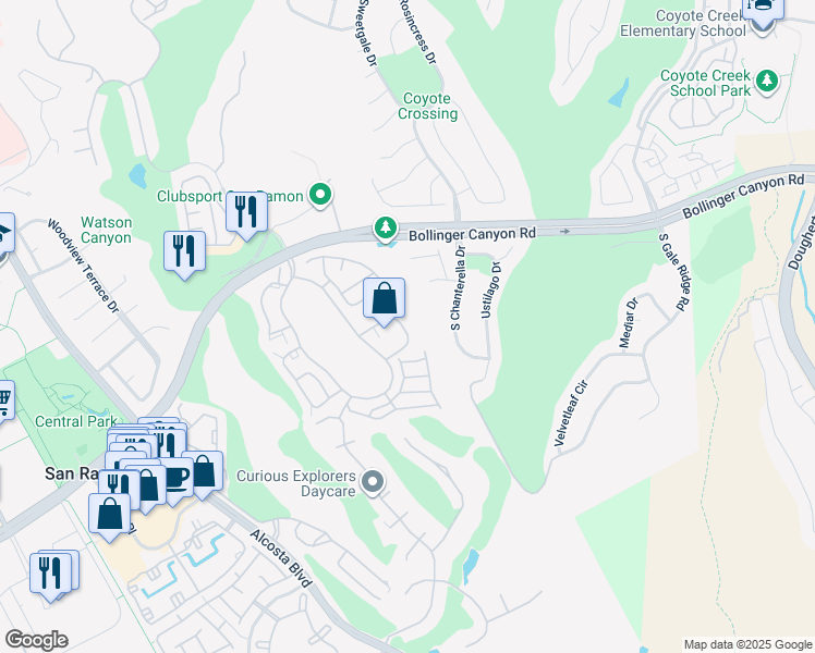 map of restaurants, bars, coffee shops, grocery stores, and more near 182 Eastridge Drive in San Ramon