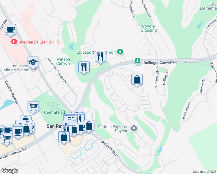 map of restaurants, bars, coffee shops, grocery stores, and more near 235 Copper Ridge Road in San Ramon