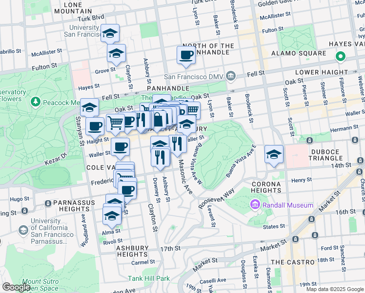 map of restaurants, bars, coffee shops, grocery stores, and more near 1345 Masonic Avenue in San Francisco