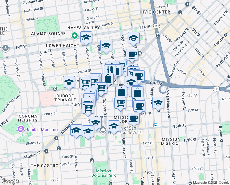 map of restaurants, bars, coffee shops, grocery stores, and more near 51 Rosemont Place in San Francisco