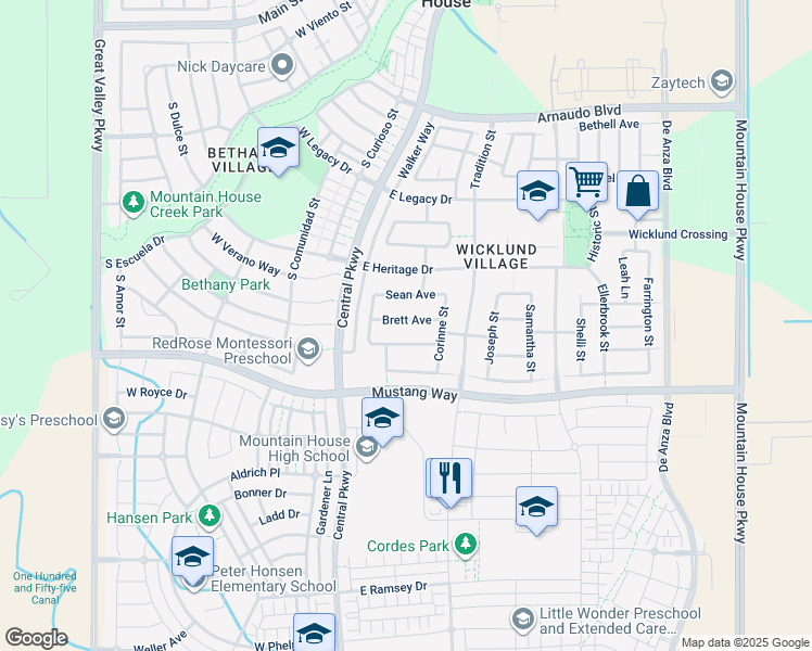 map of restaurants, bars, coffee shops, grocery stores, and more near 74 Brett Avenue in Tracy