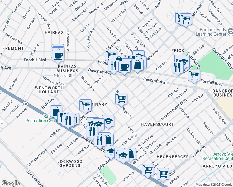 map of restaurants, bars, coffee shops, grocery stores, and more near 5947 Hilton Street in Oakland