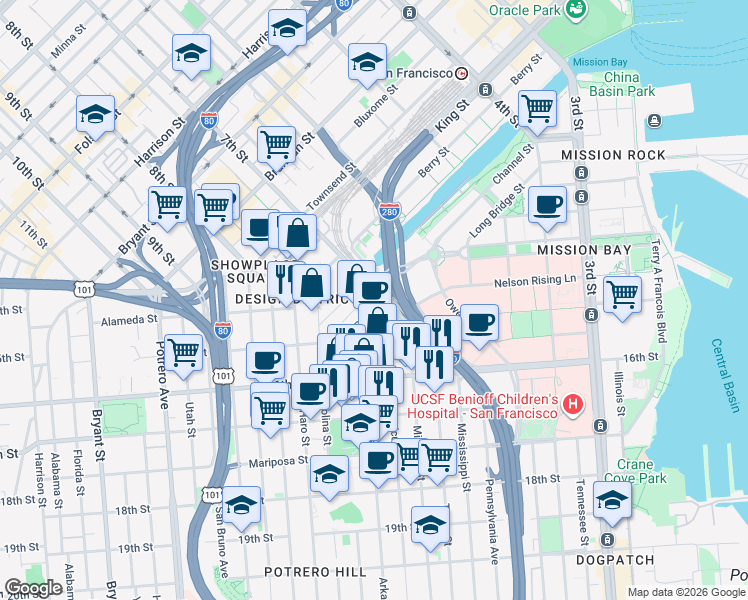 map of restaurants, bars, coffee shops, grocery stores, and more near 100 Hooper Street in San Francisco