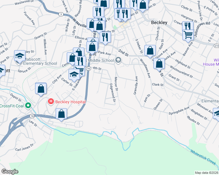 map of restaurants, bars, coffee shops, grocery stores, and more near 217-219 Edgewood Dr in Beckley