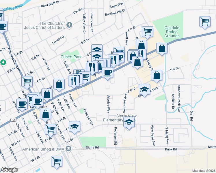 map of restaurants, bars, coffee shops, grocery stores, and more near 1100 East G Street in Oakdale