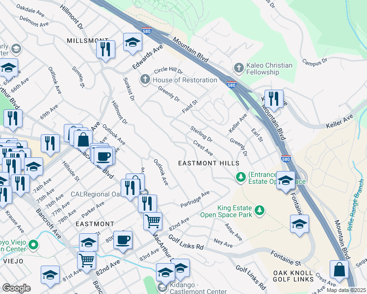 map of restaurants, bars, coffee shops, grocery stores, and more near 7833 Michigan Avenue in Oakland