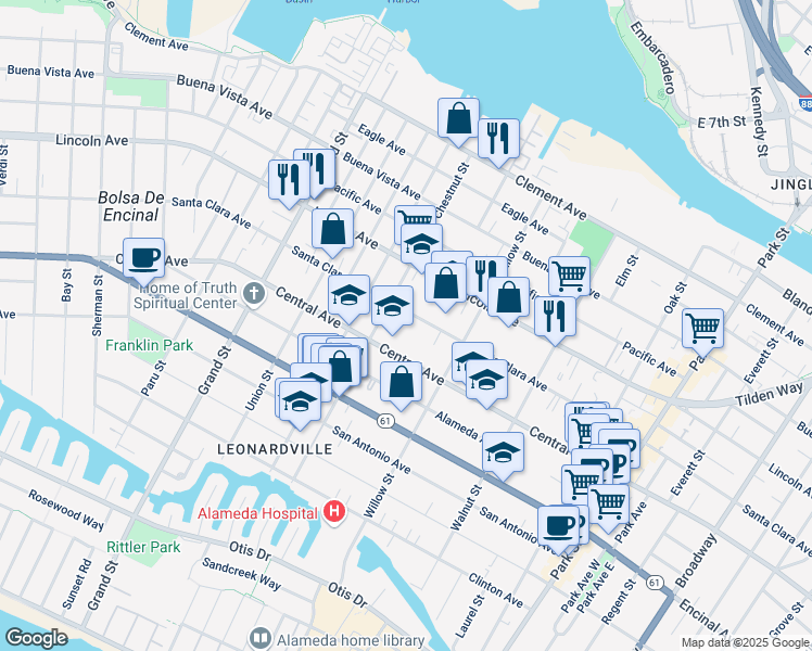 map of restaurants, bars, coffee shops, grocery stores, and more near 2025 Central Avenue in Alameda