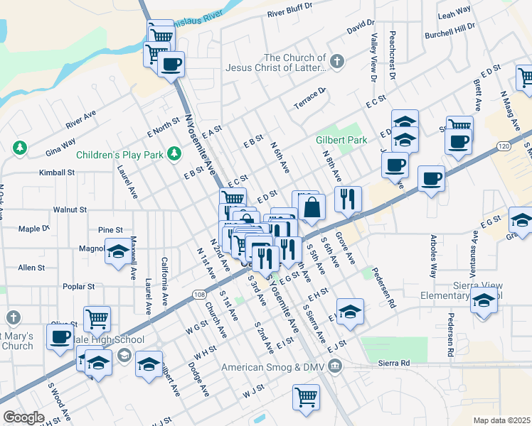 map of restaurants, bars, coffee shops, grocery stores, and more near 230 North 4th Avenue in Oakdale
