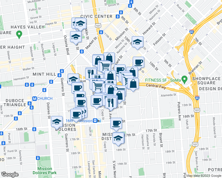 map of restaurants, bars, coffee shops, grocery stores, and more near 263 South Van Ness Avenue in San Francisco