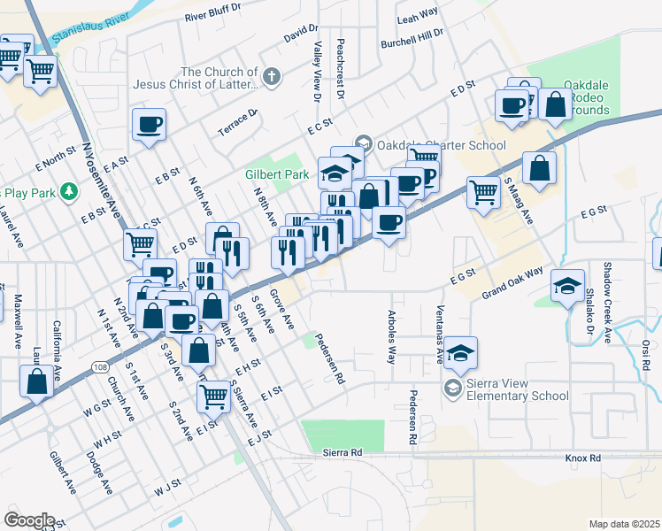 map of restaurants, bars, coffee shops, grocery stores, and more near 1005 East F Street in Oakdale