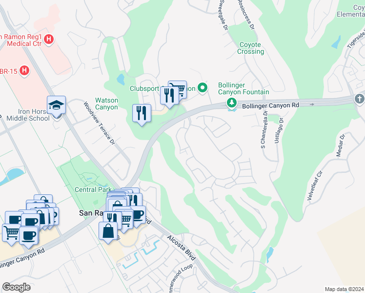 map of restaurants, bars, coffee shops, grocery stores, and more near 214 Copper Ridge Road in San Ramon
