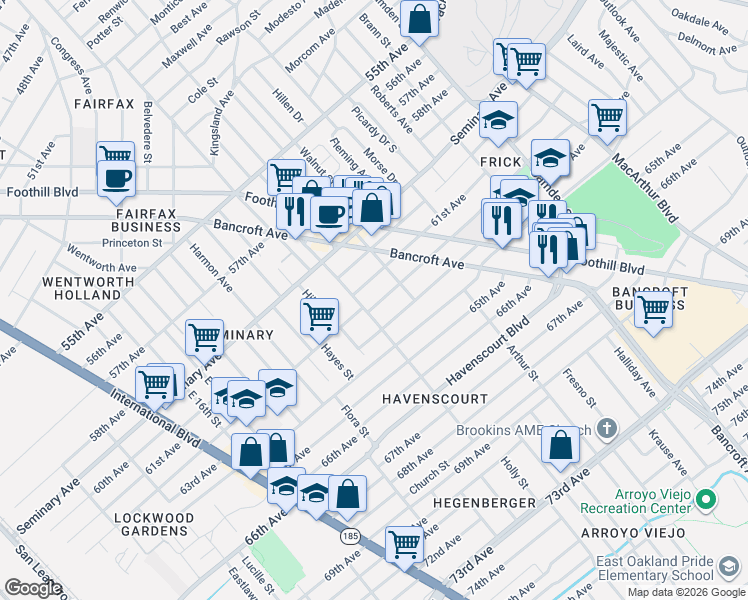 map of restaurants, bars, coffee shops, grocery stores, and more near in Oakland