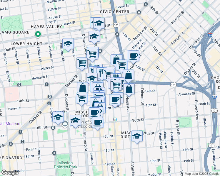 map of restaurants, bars, coffee shops, grocery stores, and more near 344 14th Street in San Francisco