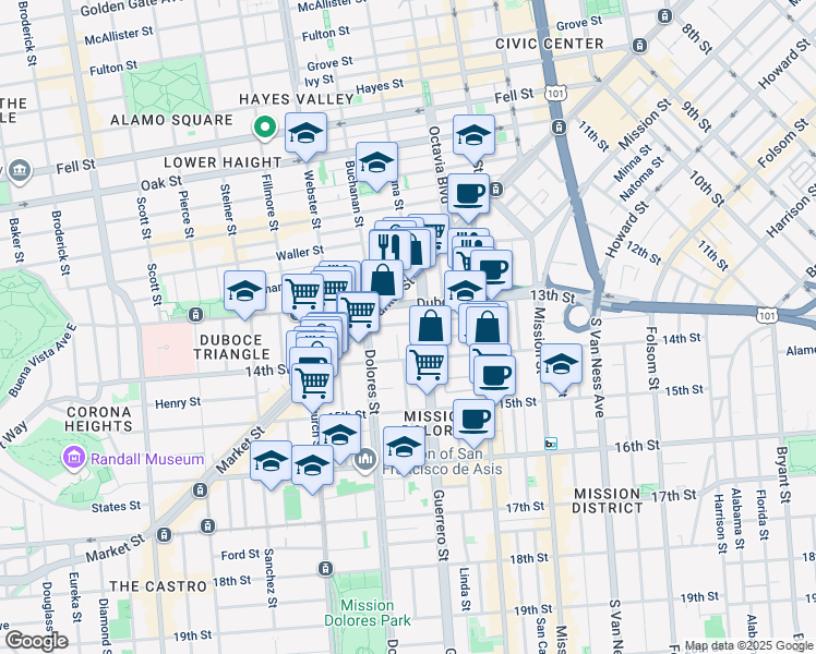 map of restaurants, bars, coffee shops, grocery stores, and more near 51 Rosemont Place in San Francisco