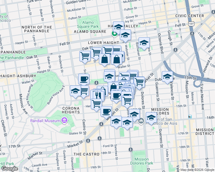 map of restaurants, bars, coffee shops, grocery stores, and more near 44 Sanchez Street in San Francisco
