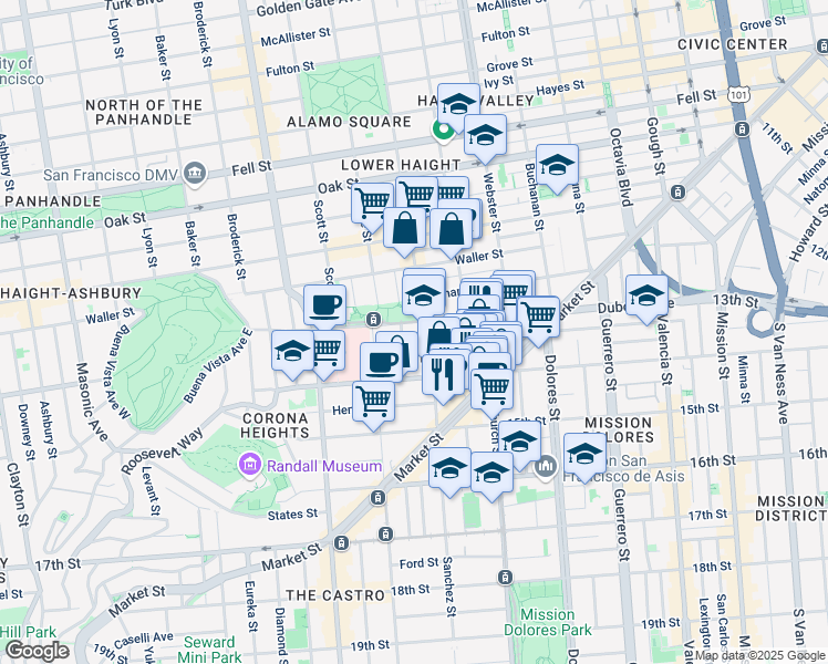 map of restaurants, bars, coffee shops, grocery stores, and more near 44 Sanchez Street in San Francisco