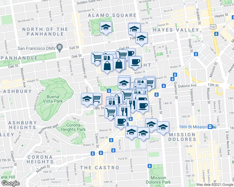 map of restaurants, bars, coffee shops, grocery stores, and more near in San Francisco
