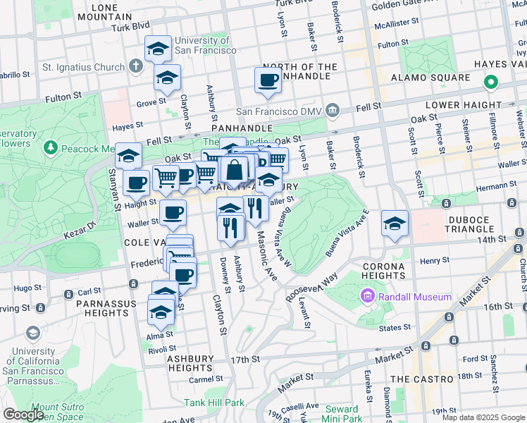 map of restaurants, bars, coffee shops, grocery stores, and more near 1345 Masonic Avenue in San Francisco